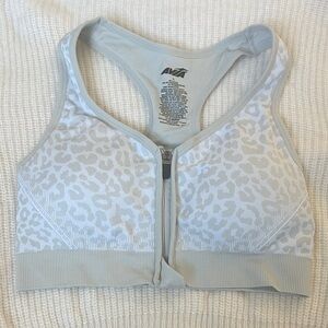 Avia Light Gray Leopard-Print Front Zip Sports Bra